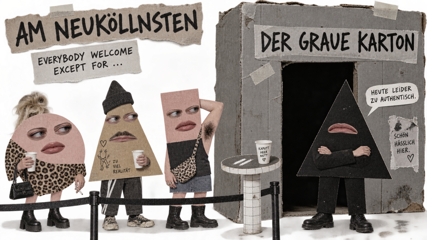 Pappfiguren warten vor dem GRAUEN KARTON in AM NEUKÖLLNSTEN.