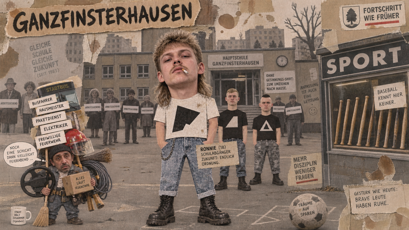 Ronnie vor der Schule von Ganzfinsterhausen; Ali trägt die Ausrüstung für zahlreiche Berufe.
